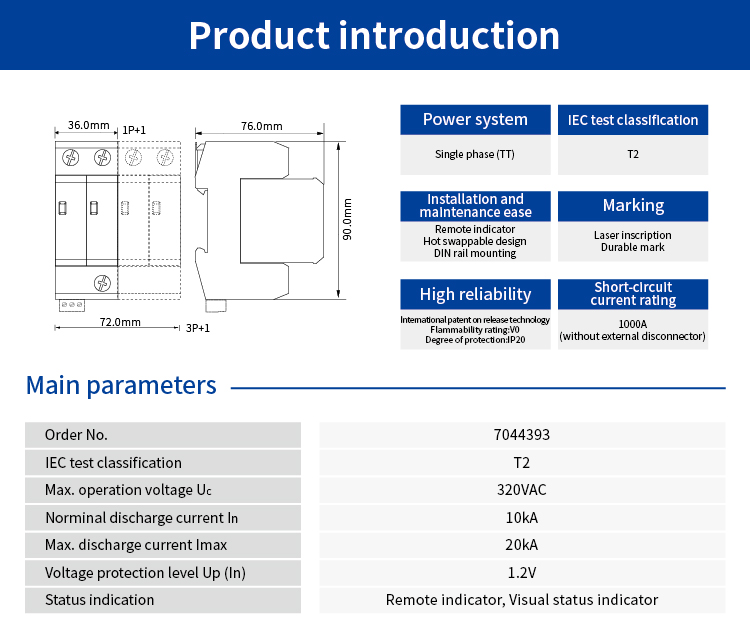 AC Power SPD (220/380VAC; Single phase TT; In=10kA; alarm output ) 7044393