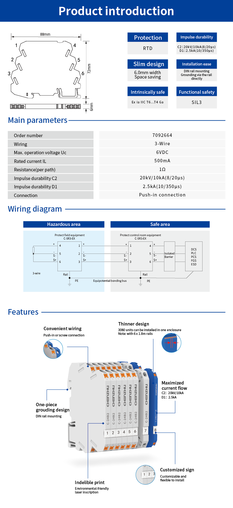 SPD for Signal (5V; 3 wires; In=10kA; Intrinsic Safety ) 7092664