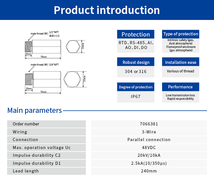 Screw Mounting SPD (3 wires; M20×1.5, male ) 7066381