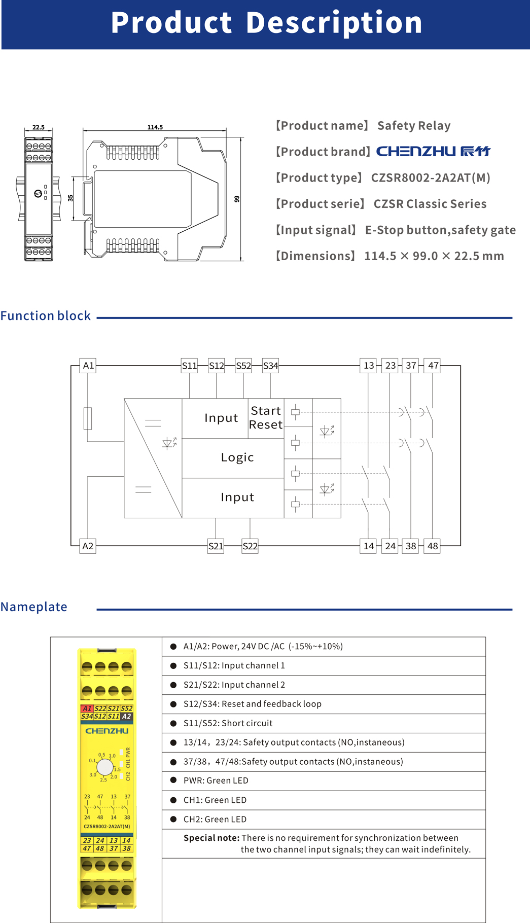 E-Stop button, safety gate | 24V DC | 2NO+2NO(t) | Monitored Manual Reset