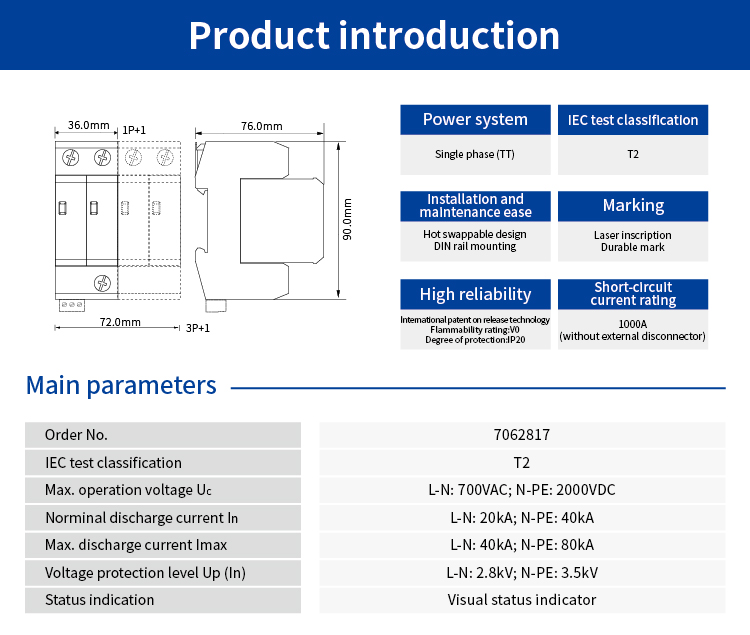 AC Power SPD (400/690VAC; Single phase TT; In=20kA ) 7042865