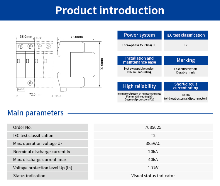 AC Power SPD (220/380VAC; Three phase TT; In=20kA ) 7085025