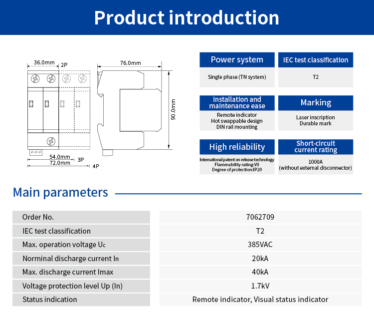 AC Power SPD (220/380VAC; Single phase TN; In=20kA; alarm output ) 7062709